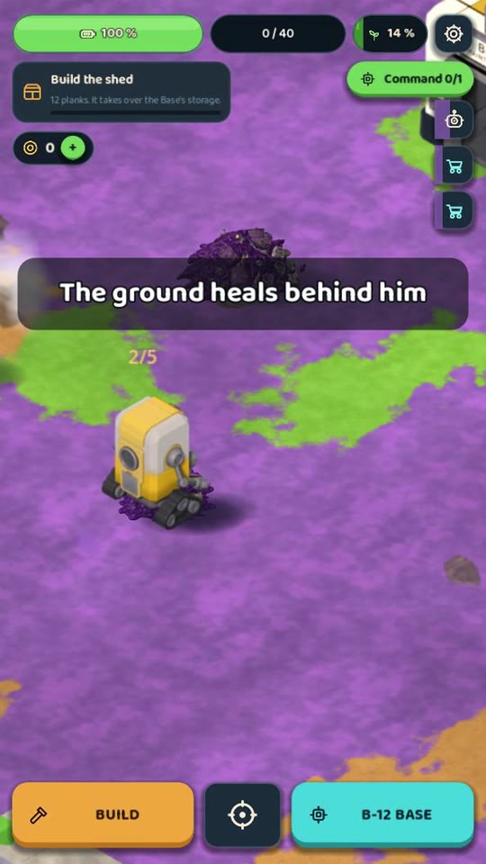 The robot B-12 clearing a pile of scrap in purple sludge